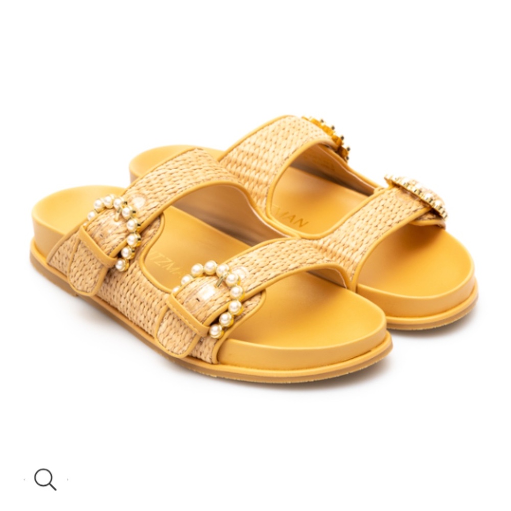 Stuart Weitzman Straw Piper Slides Sandal With Pe… - image 1